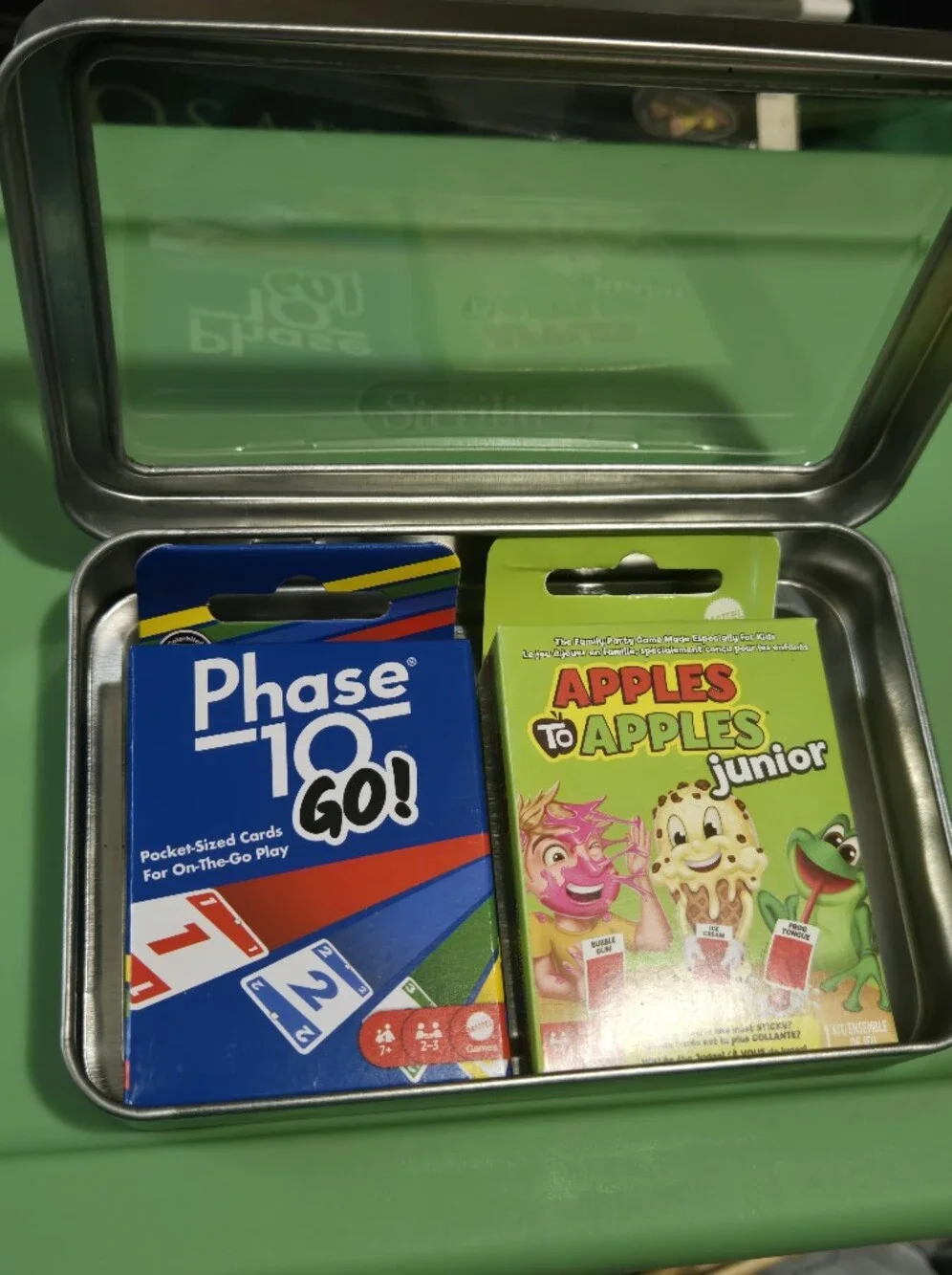 PHASE 10 GO and APPLES TO APPLES JUNIOR CARD GAME, Bonus Storage Travel Box, NEW